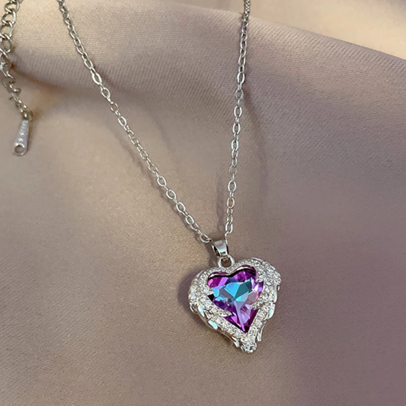 Trendy Rhinestone Heart Pendant Necklace Women 18k Gold Silver Plated Titanium
