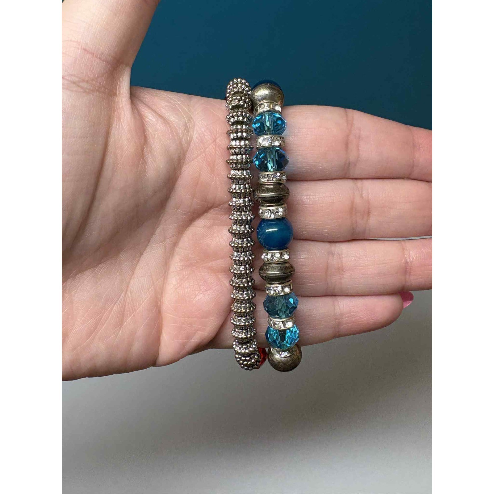 Blue and Red Beaded Stretch Bracelets with Rhinestone Accents Silver Tone Lot