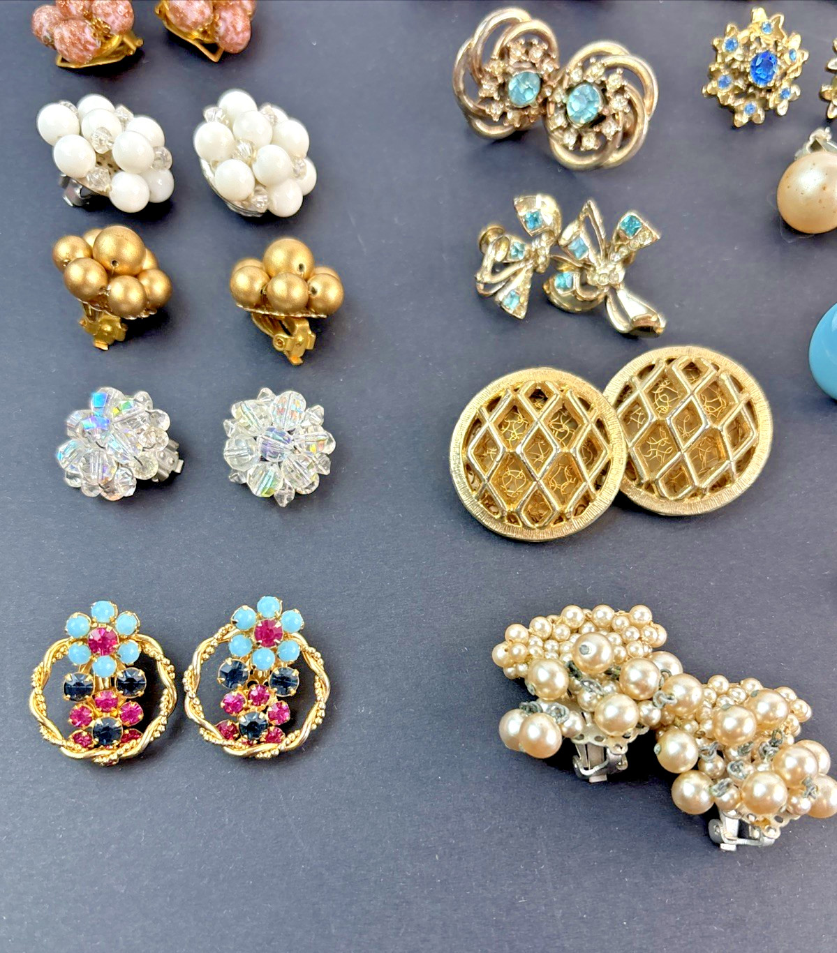 Lot of 62 Clip-on Screw Back Earrings Vintage 1940’s-1970’s Mixed Metals Cluster