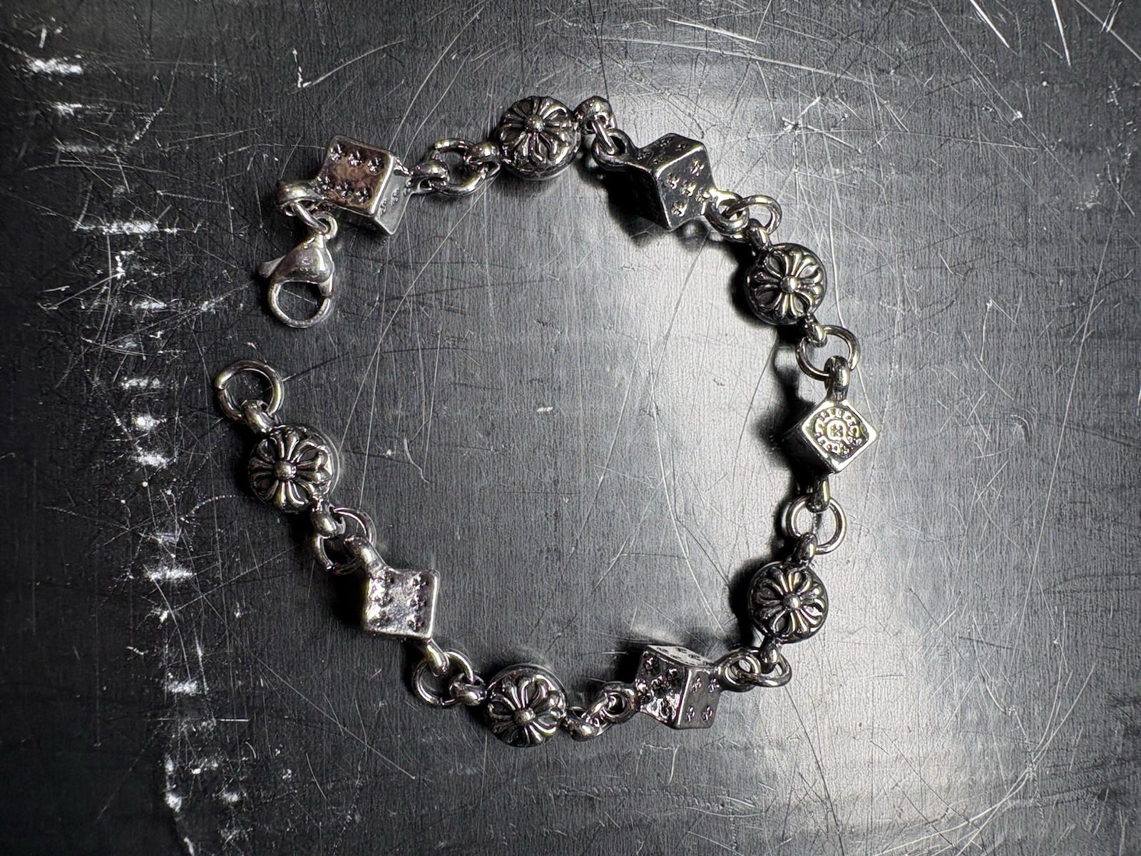 CH Style Y2 K Silver Charm Link Chain Bracelet Dangle Cube & Flower Charms