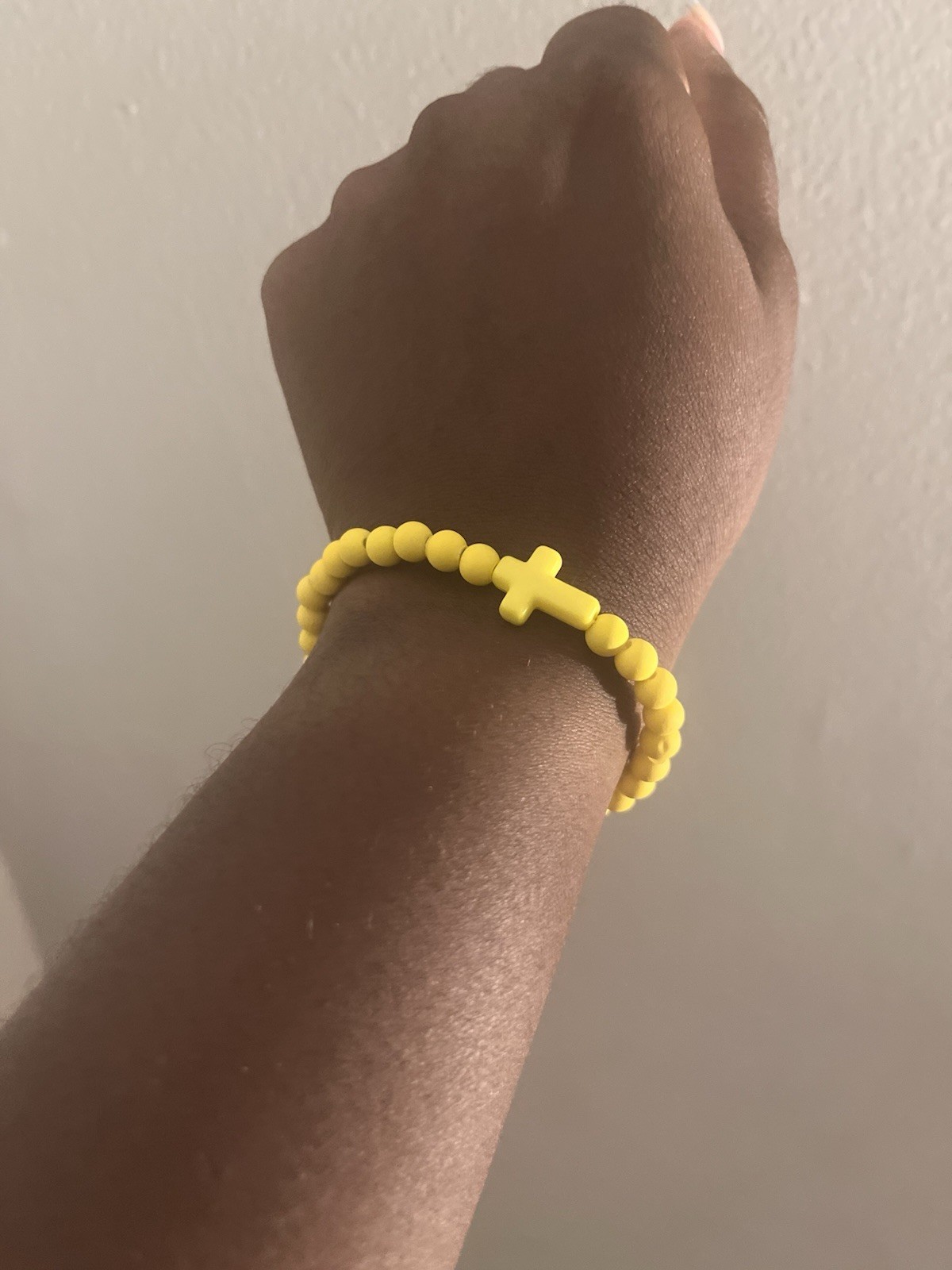 Yellow Silicone Beaded Stretch Bracelet, Sizable, Cross Charm