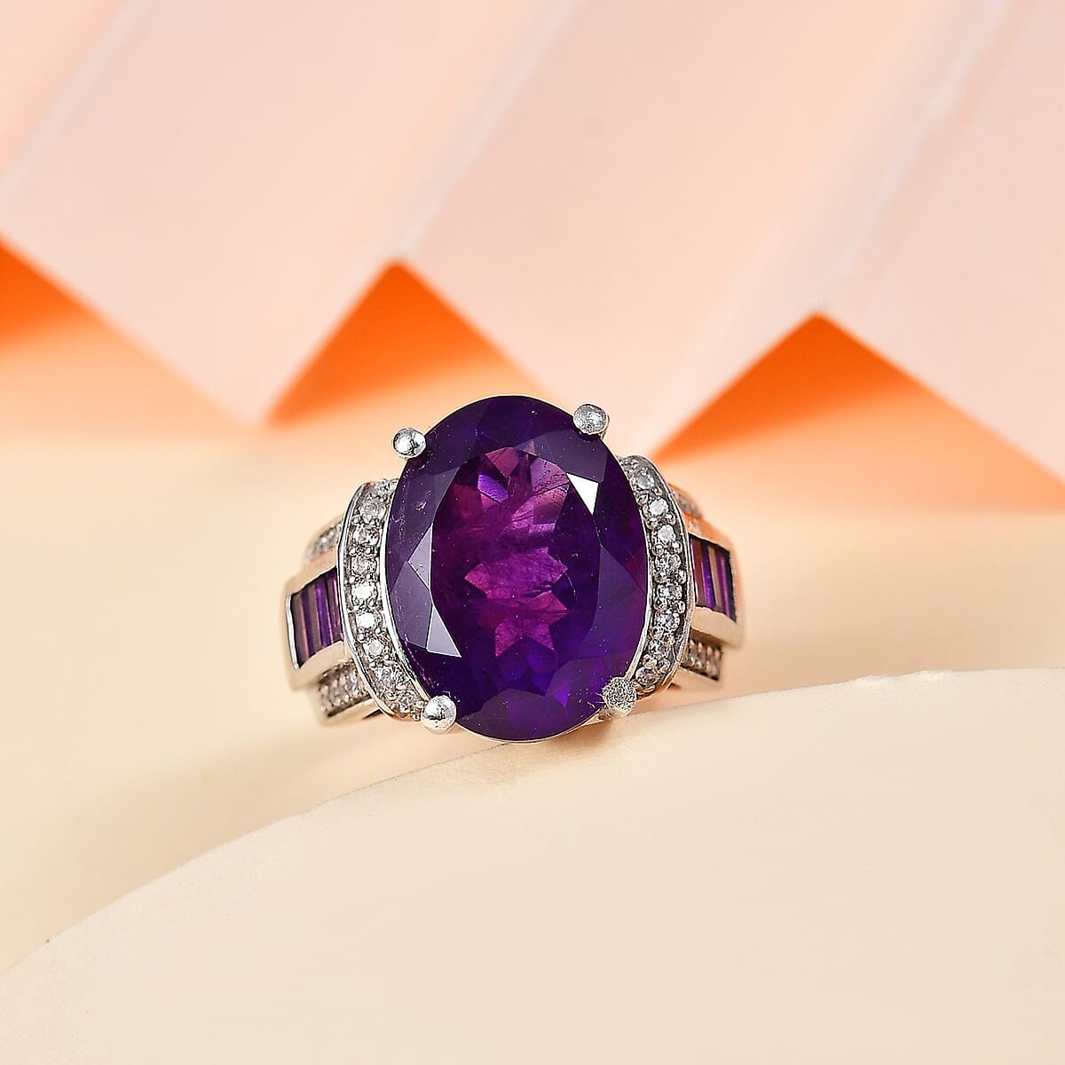 STUNNING!! 10.00ctw African Amethyst & Zircon Ring Rhodium Plated Size 6