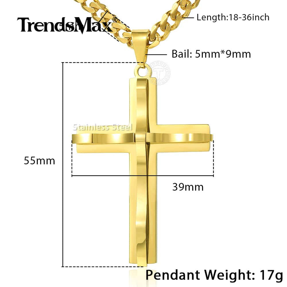 Mens Womens Stainless Steel Curb Chain Necklace w Cross Pendant Silver Gold