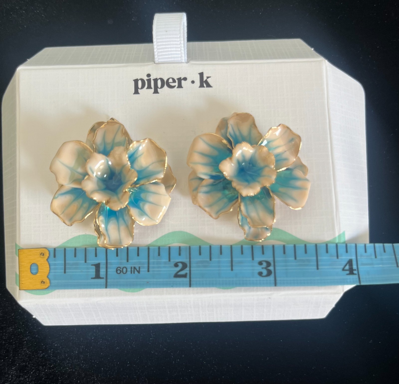 Piper K Flower Earrings Hand Painted Blue Beige Gold Tone Statement Clip On