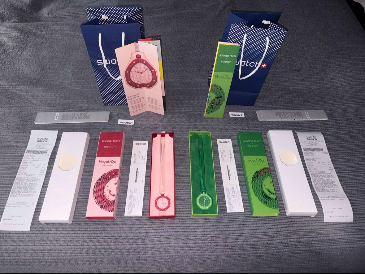 2X AP X SWATCH ROYAL POP OTTO ROSSO & GREEN EIGHT – ALL ACCESORIES FAST SHIPPING