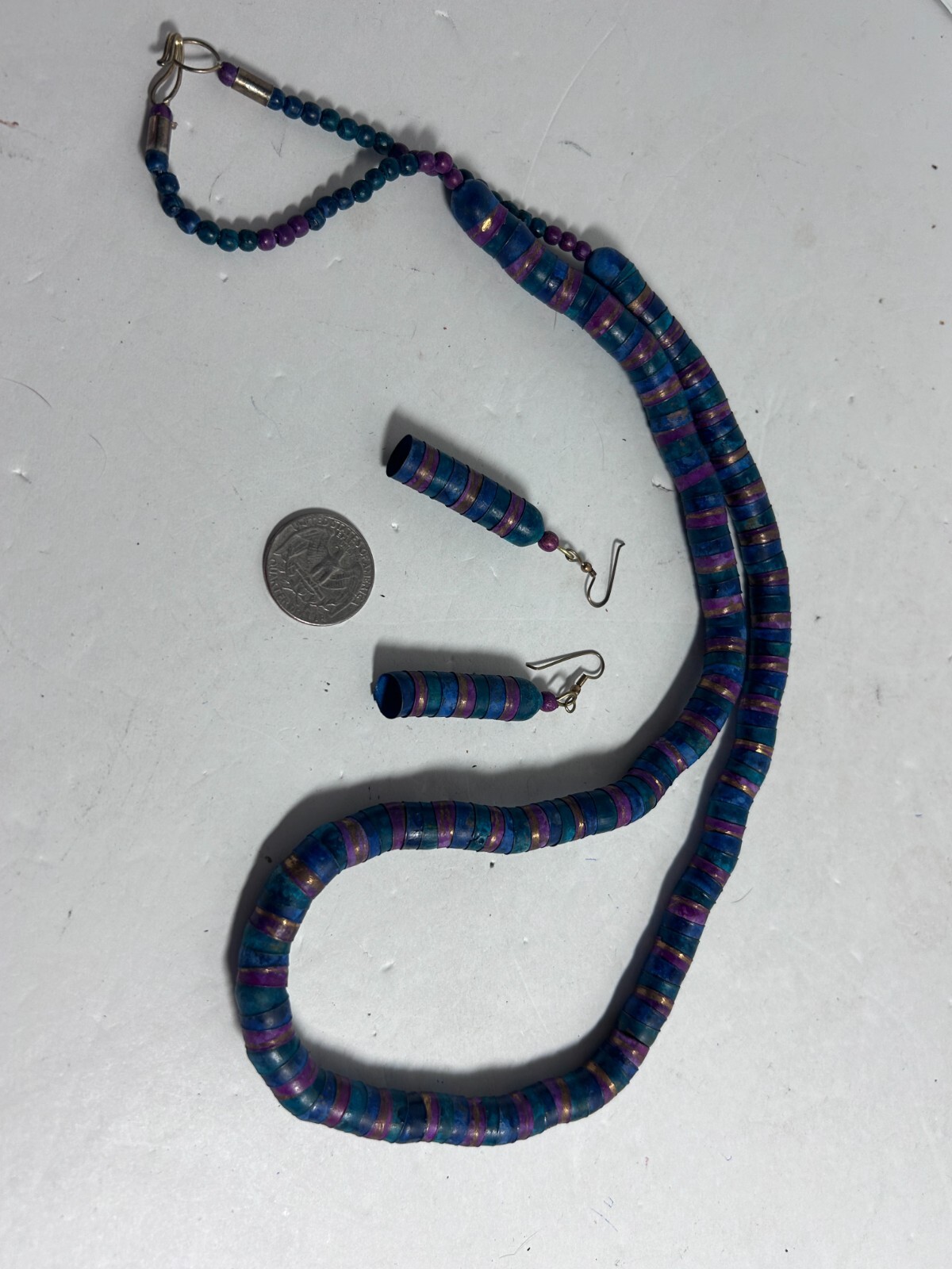 Vtg Purple Brown Blue Bead Post Earring Necklace N1307