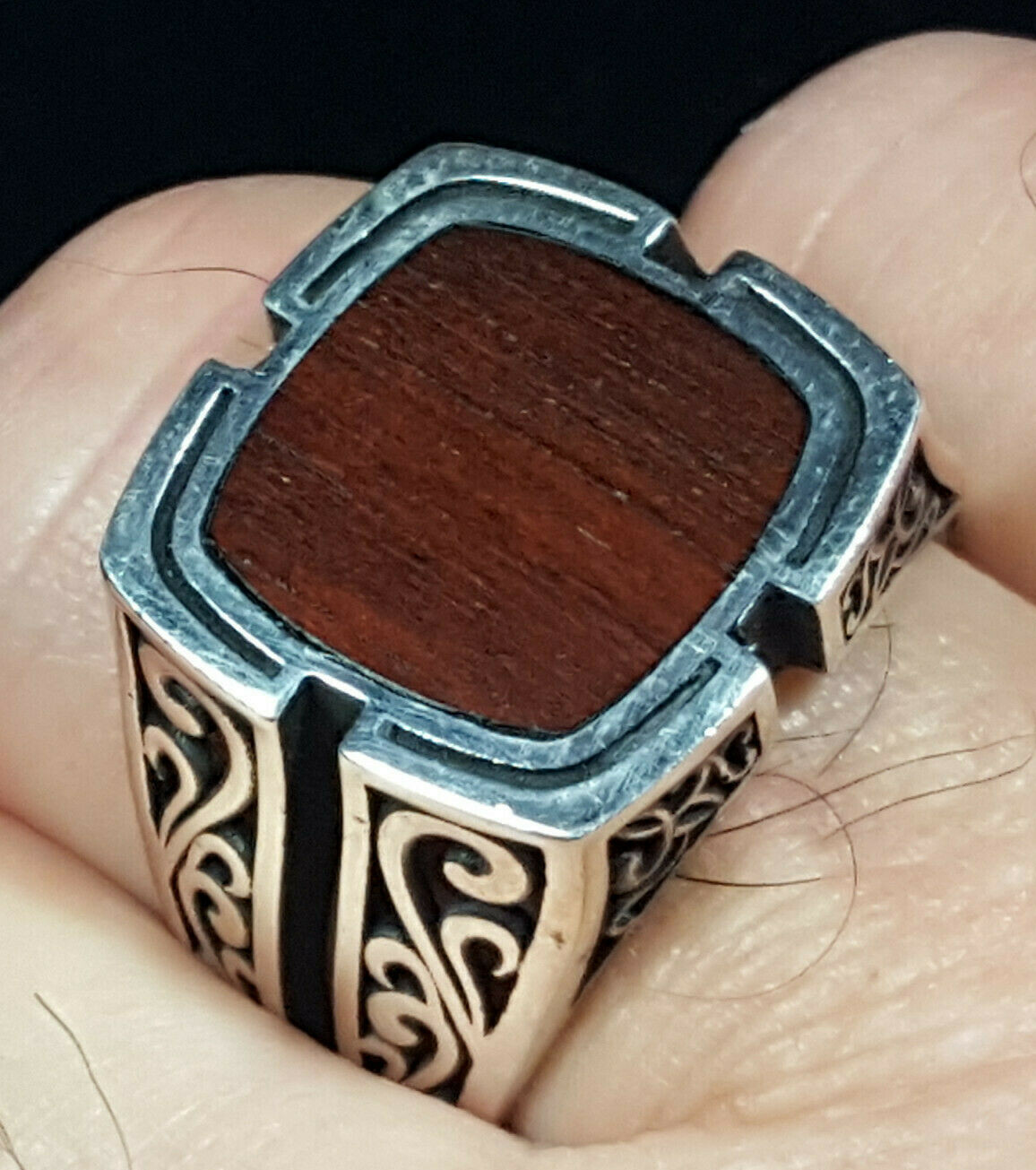 Mens Wood Inlay 925 Solid Sterling Silver Ring Size 10 SS