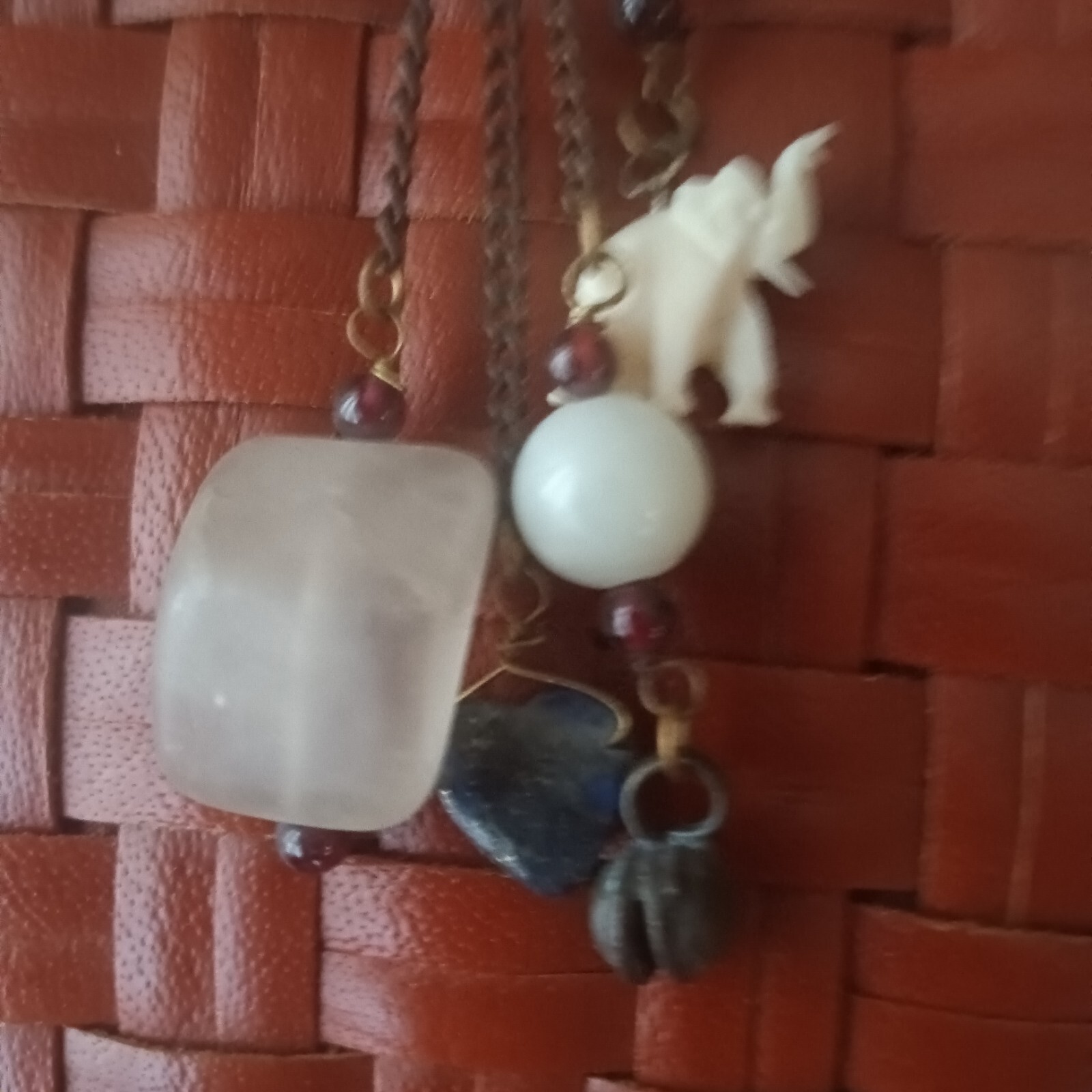 Crafted Dangle Drop Earrings 4″. Beads Granite Heart Elephant on Verdigris Ball.