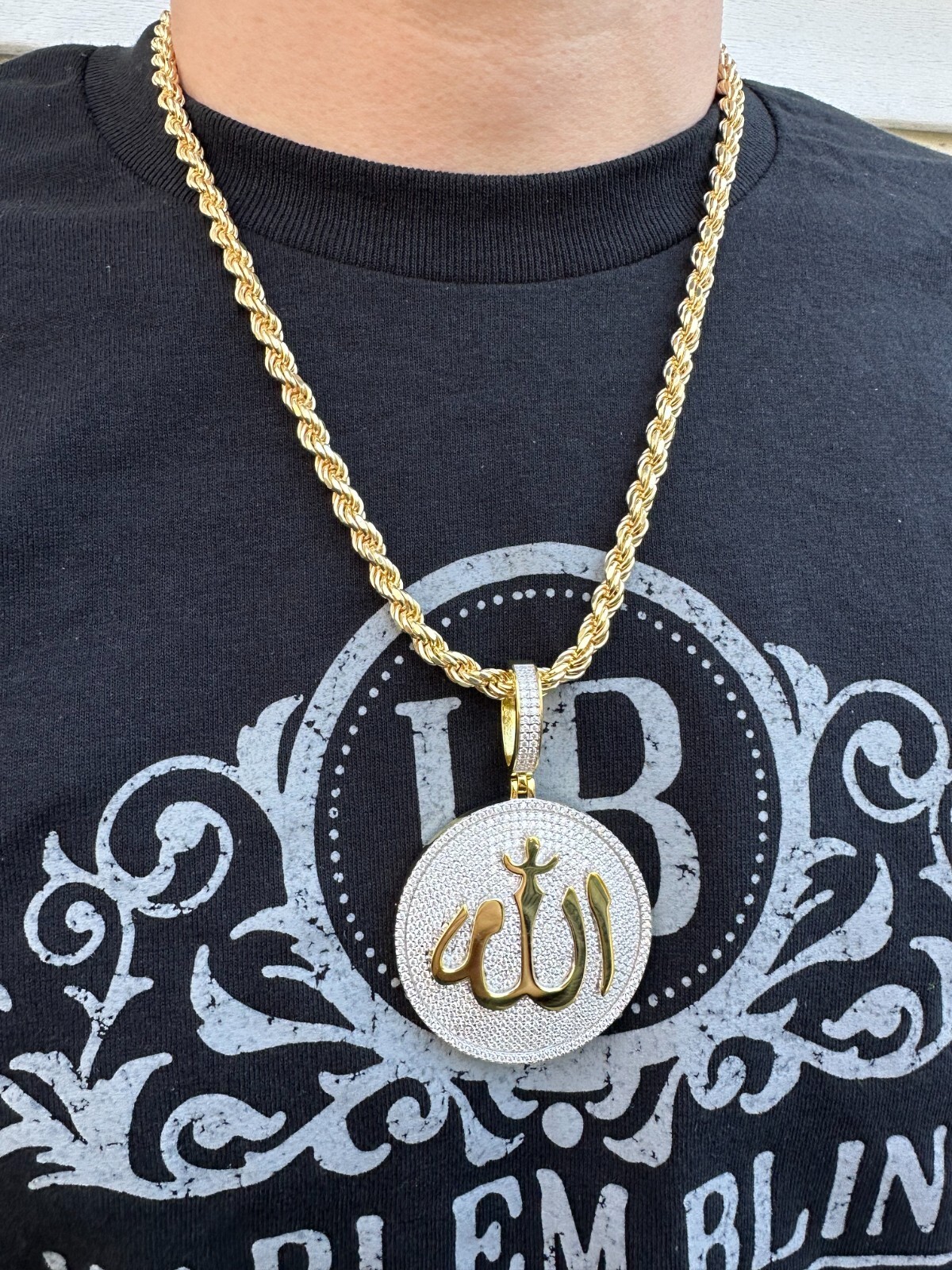 MOISSANITE Real 925 Silver / Gold Allah Medallion Arabic Necklace Pendant Iced