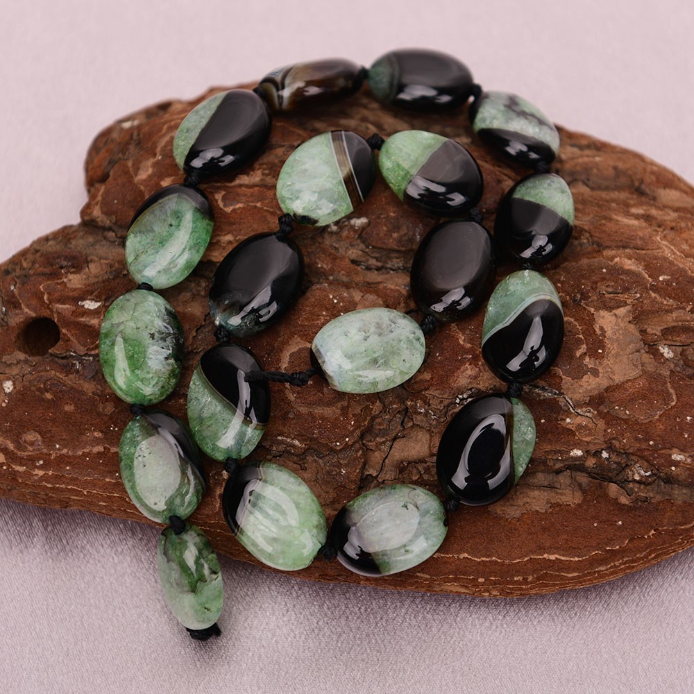 16” Natural Stone Multi color Green Black Agate Oval Gems Slab Loose Beads DIY