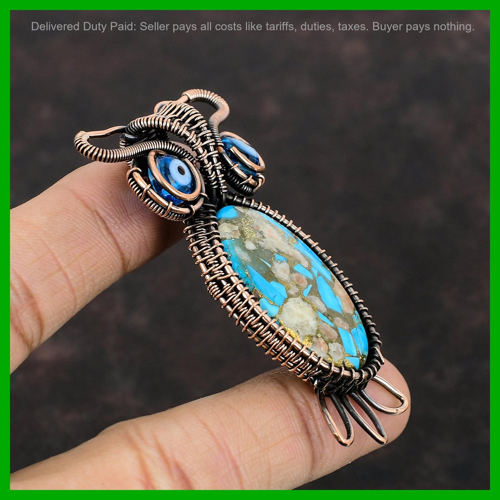 Oval Pink Opal Copper Turquoise Stone Blue Color Evil Eye Wedding Pendant Copper