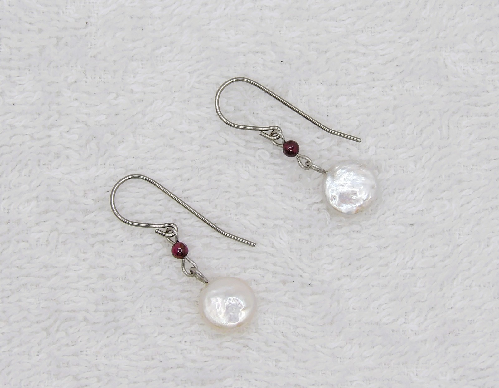 3mm Red Garnet & 9mm Coin Freshwater Pearl Stainless Steel Dangle Earrings ERD34