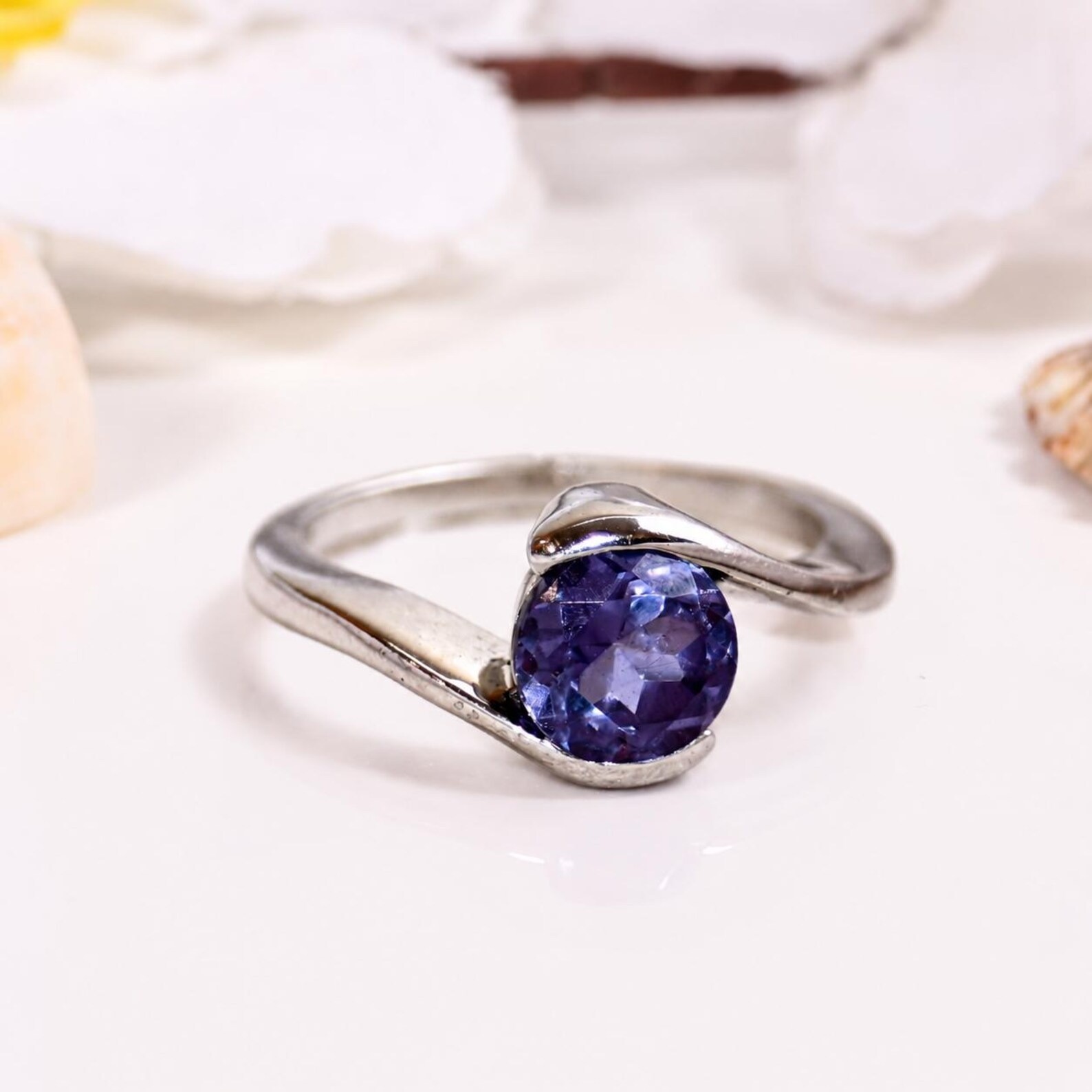 Natural Iolite Round Cut Ring | Sterling Silver Bypass Solitaire, December Birth