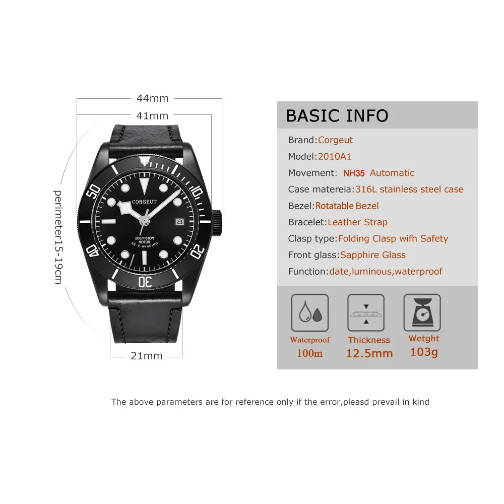 Retro Corgeut Classic 41mm Black Sapphire 10ATM NH35A Automatic Watches for Men