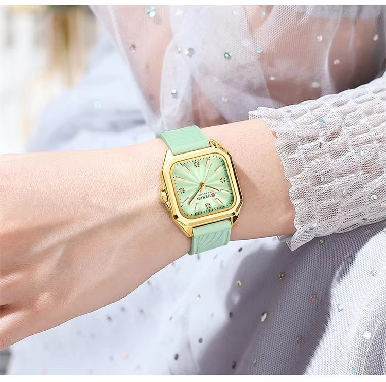CURREN Women’s Mint Green Silicone Strap Watch Gold Square Quartz 3ATM