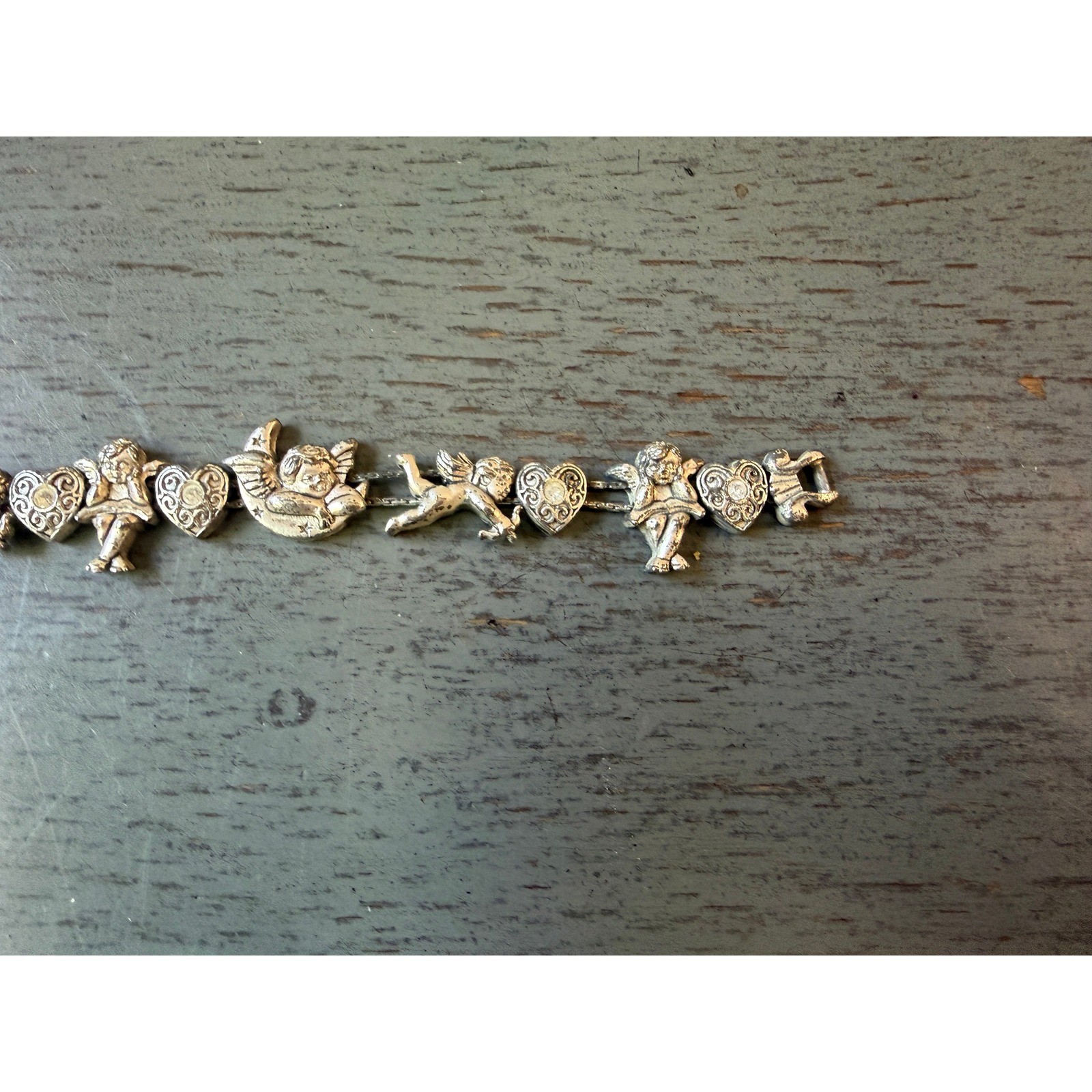 Vintage Silver Tone Cherub Angel Heart Rhinestone Link Bracelet Celestial 7.25in