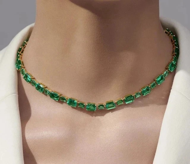 18 CT Lab Created Green Emerald Tennis Necklace 14k Yellow Gold Plated