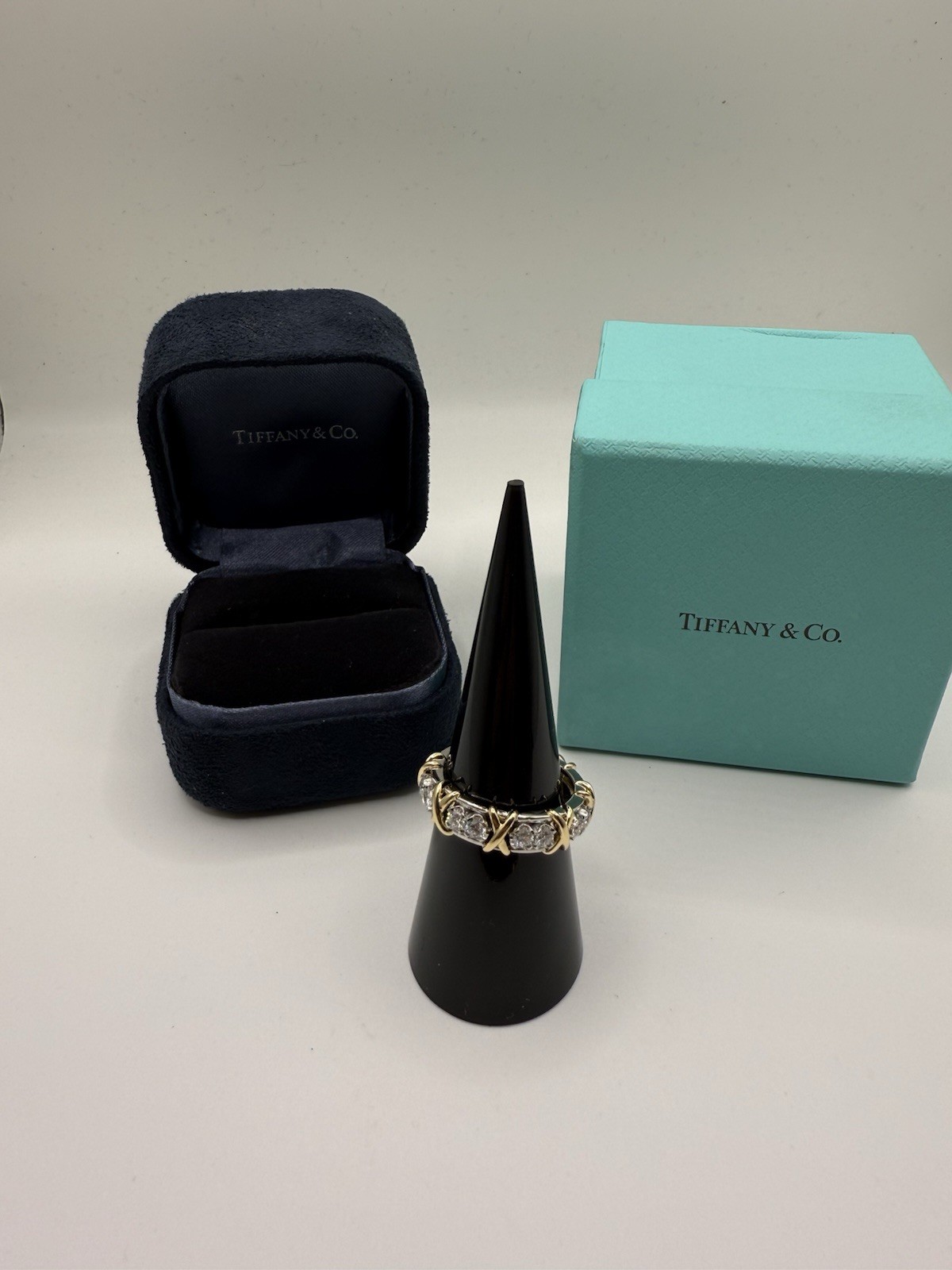 TIFFANY & CO. SCHLUMBERGER 16 STONE X DIAMOND 18K GOLD PLATINUM RING SIZE 7.0