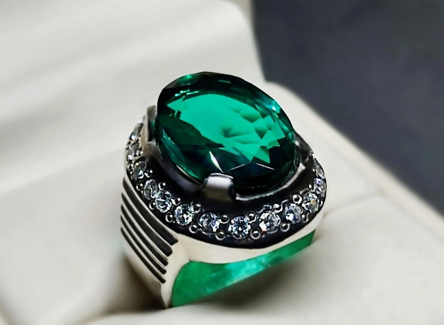 16 Carat Lab Created Deep Green Emerald Sterling Silver 925 Handmade Mens Ring