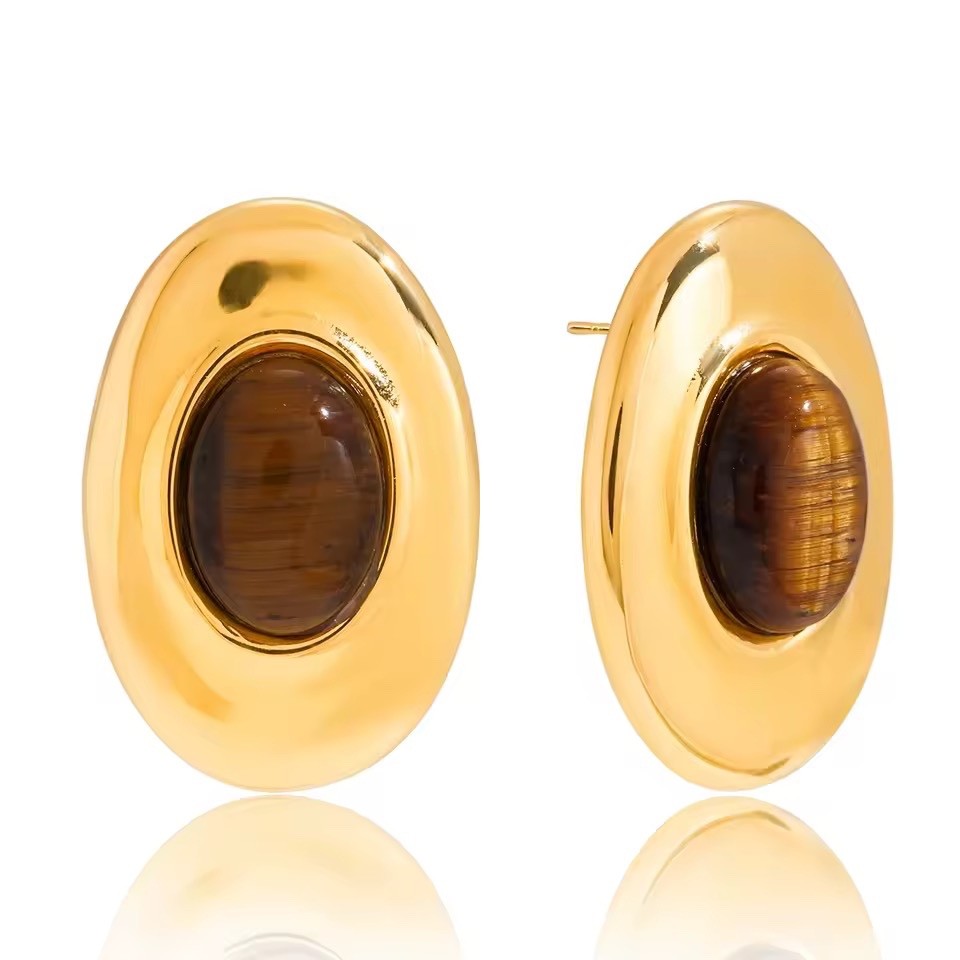 ZARD Tiger Eye Crystal Chunky Stud Earrings in 18k Gold