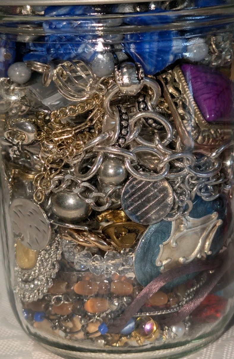 Curated Mystery Jewelry Jar Of Pre Loved Wearable Pieces 1960s-Now, W/Sterling
