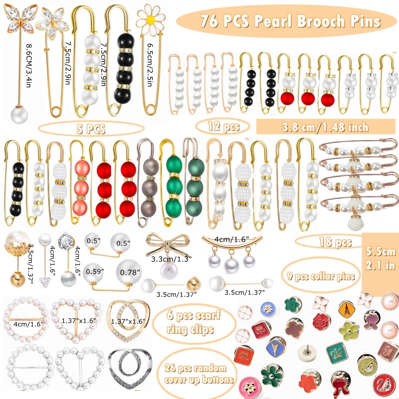 76 Pieces Pearl Brooch Pins Set, Scarf Ring Clips and Sweater Shawl Safety Pi…