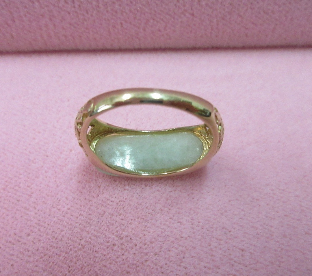 Sanuk 14k Y. Gold Dragon Band Green Jadeite Jade Saddle Ring Size 6.5- 2.91 G