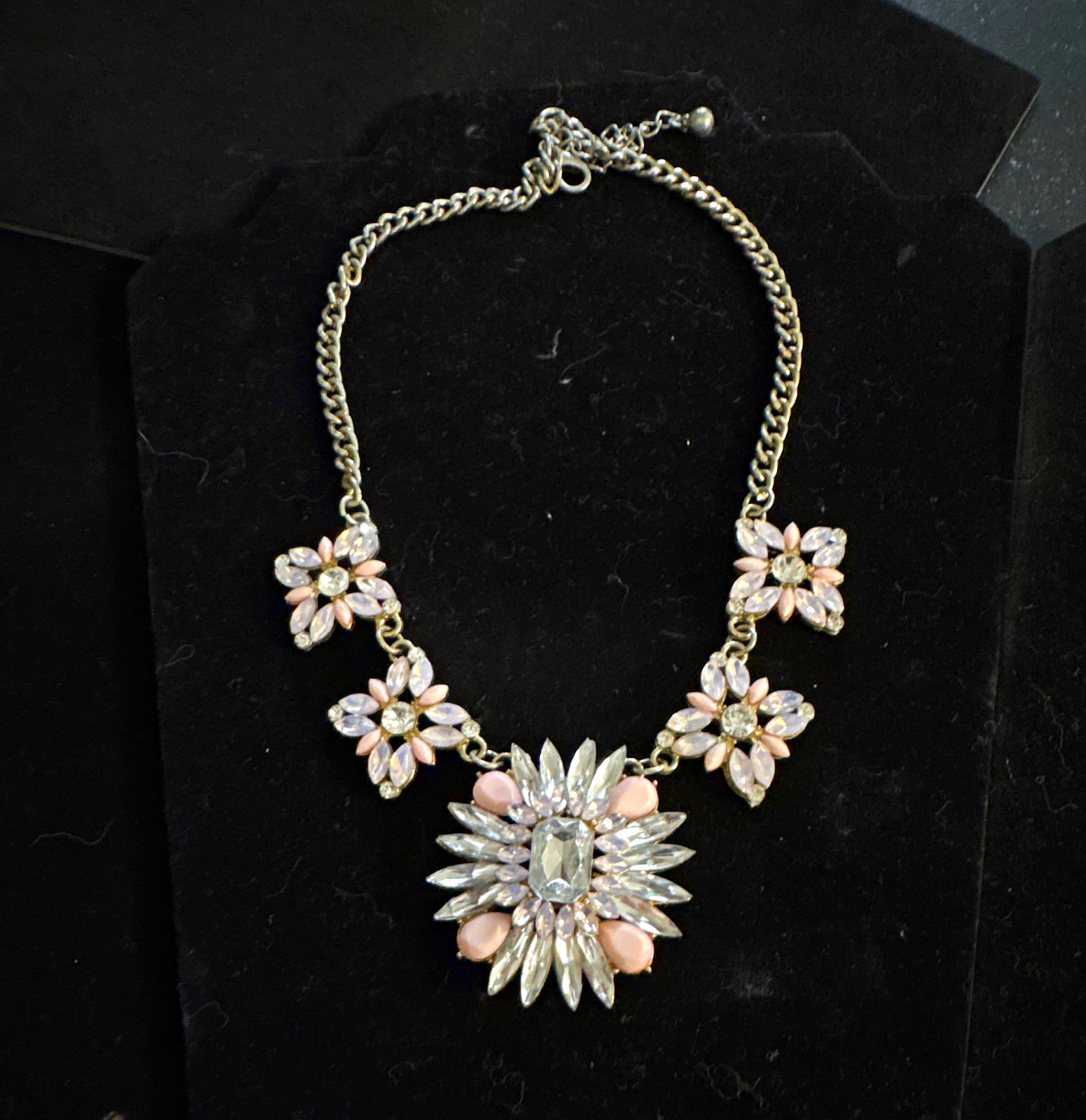 Silver Tone Statement Necklace Pink Floral Pendant Clear Crystal Rhinestone
