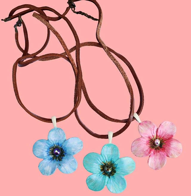 Handmade Large Flower Pendant Leather Necklace Painted Floral Bohemian Jewelry