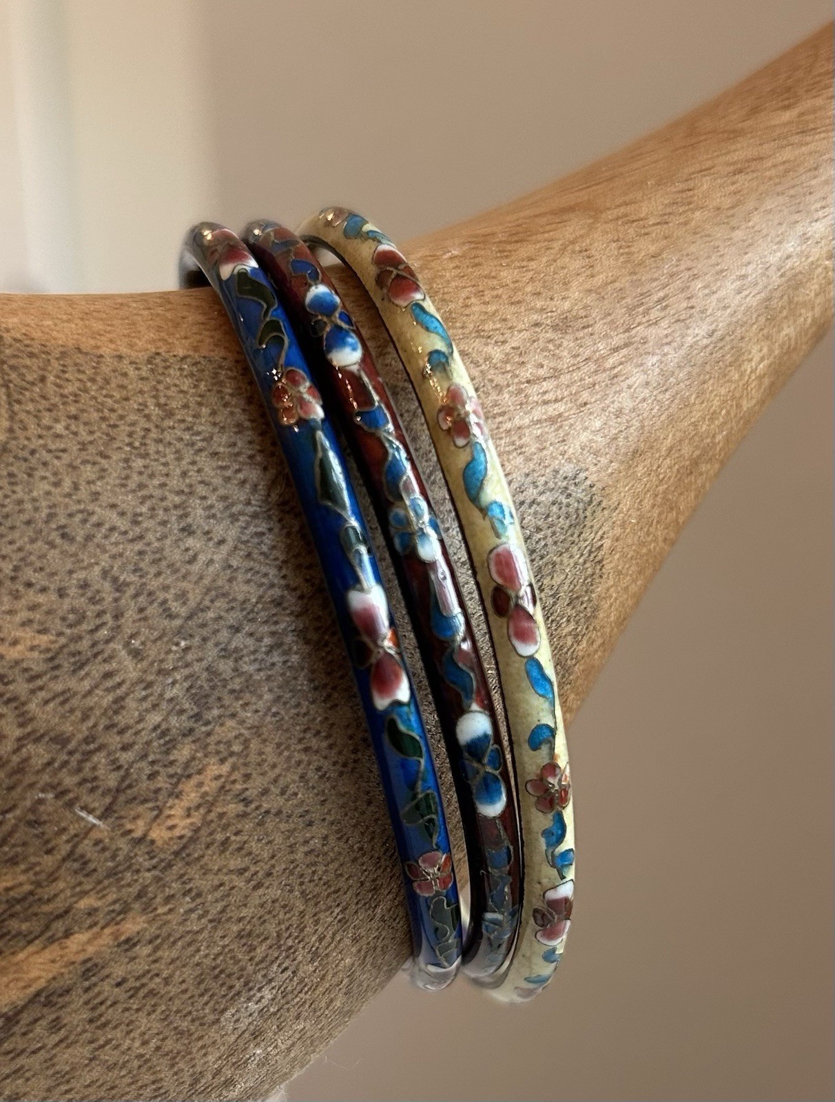 Boho Enameled Cloisonné Bangle Bracelet Set of 3 Round No Closure