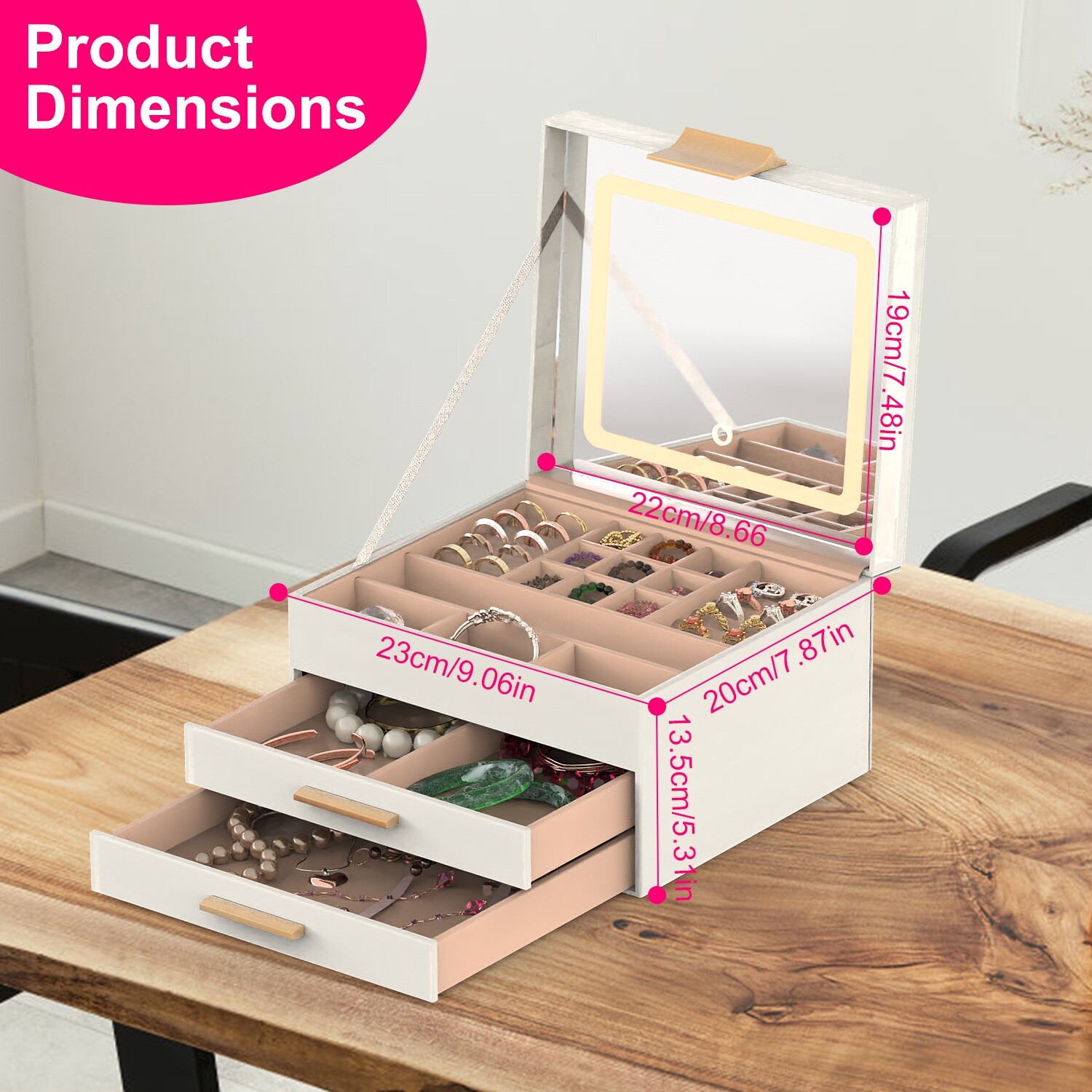 3-Layer Jewelry Box & LED Mirror Bedroom Earrings Rings Bracelets Box Organizer