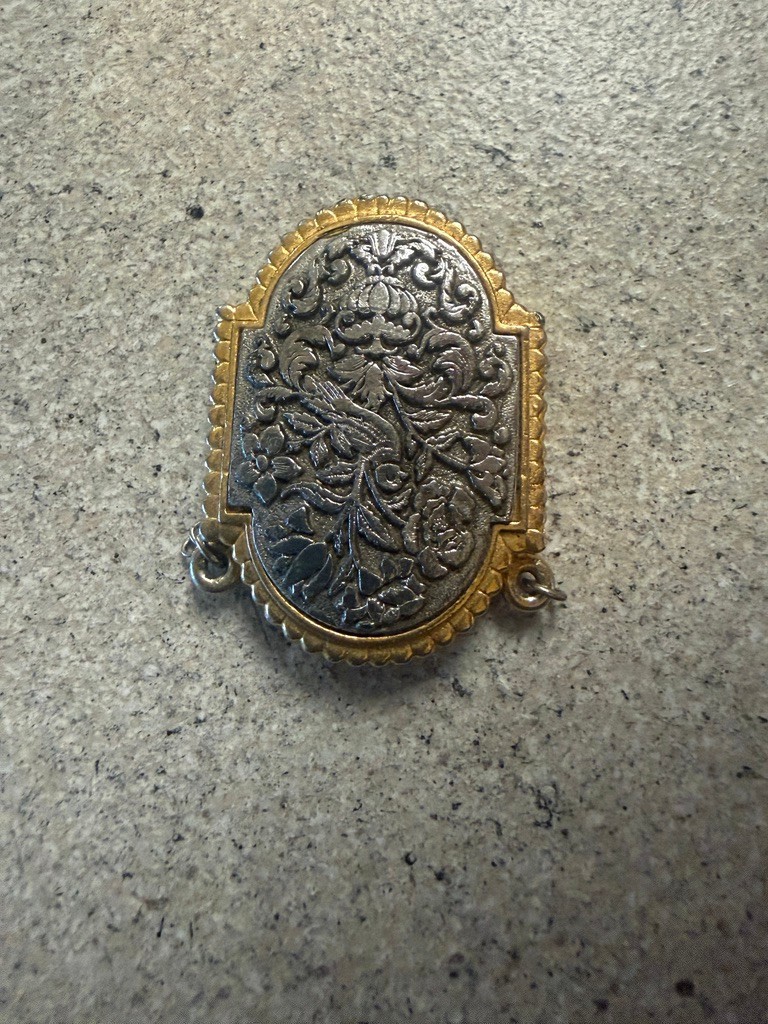 Vintage Max Factor PENDANT Compact Floral Bird Motif 2 Tone Silver Gold Signed
