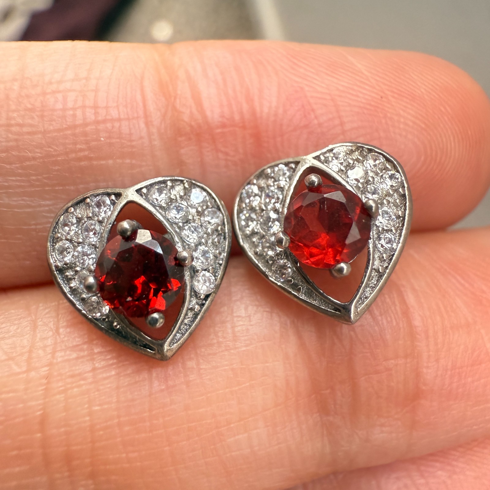 925 Sterling Silver Earrings 4mm Natural Rhodolite Garnet Gemstone Zircon Heart