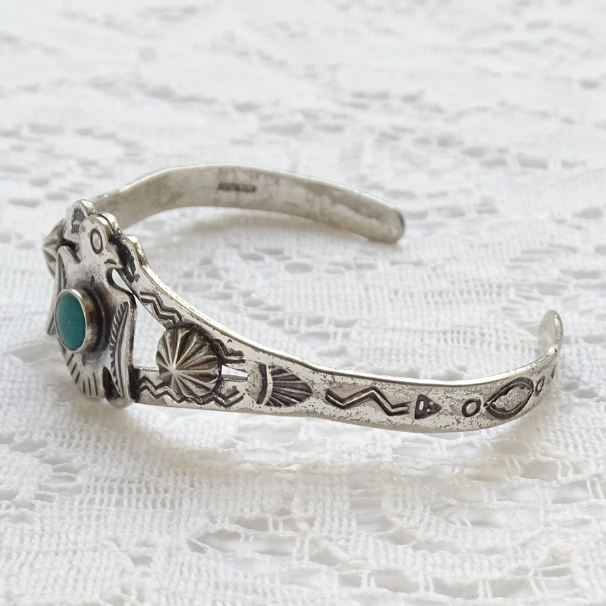 Fred Harvey Era Navajo Turquoise Sterling Thunderbird Cuff Bracelet SMALL WRIST