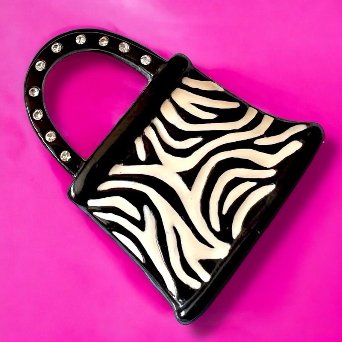 Y2K Zebra Purse Brooch Rhinestone Bag Pin AJMC Statement Animal Print Vintage