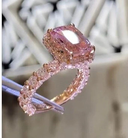 3Ct Emerald Lab-Created Pink Sapphire Halo Engagement Ring 14K Rose Gold Plated