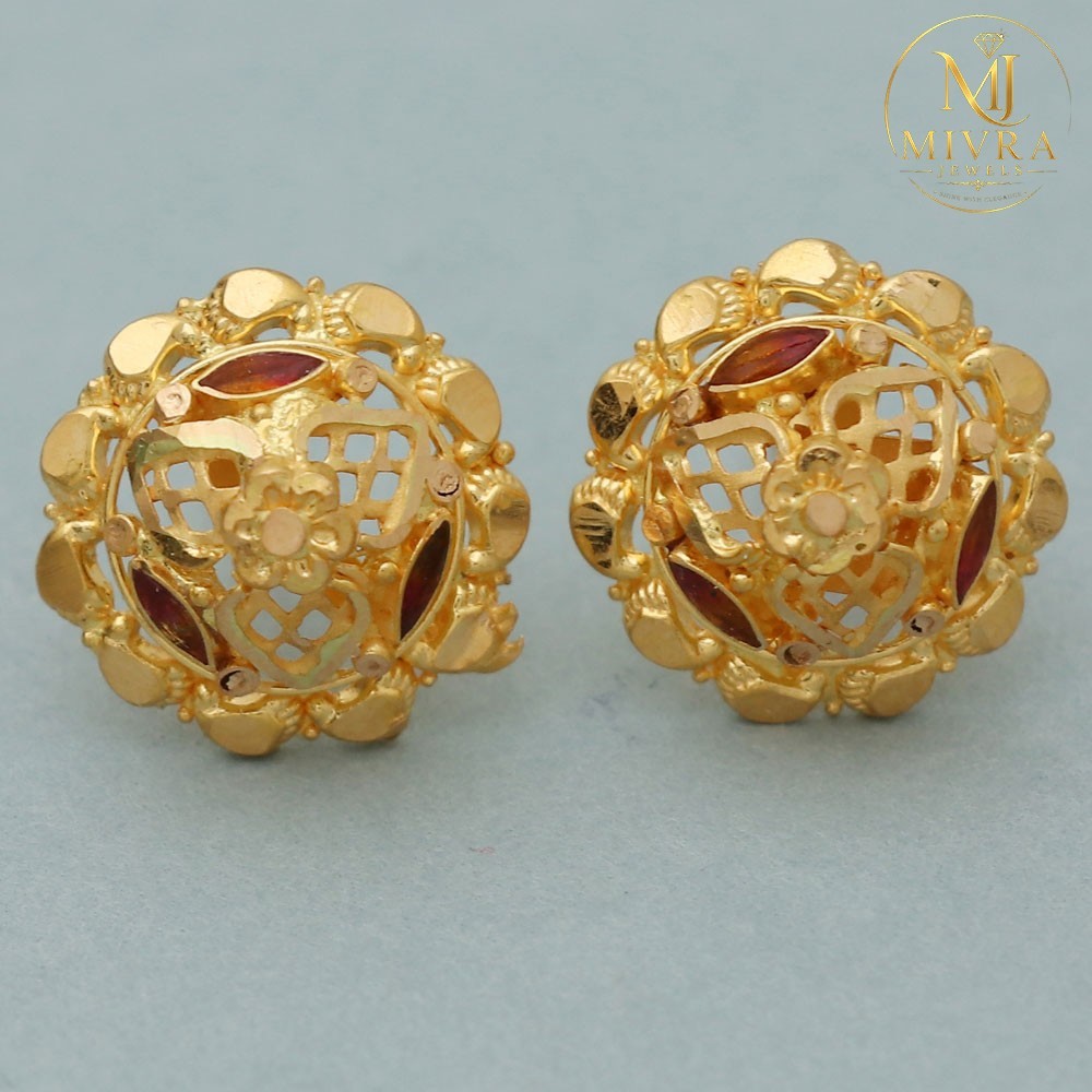 22K Seal Sparkle Gold Stud Earrings 1.3cm Lightweight Fine Jewelry Gift 3.12g