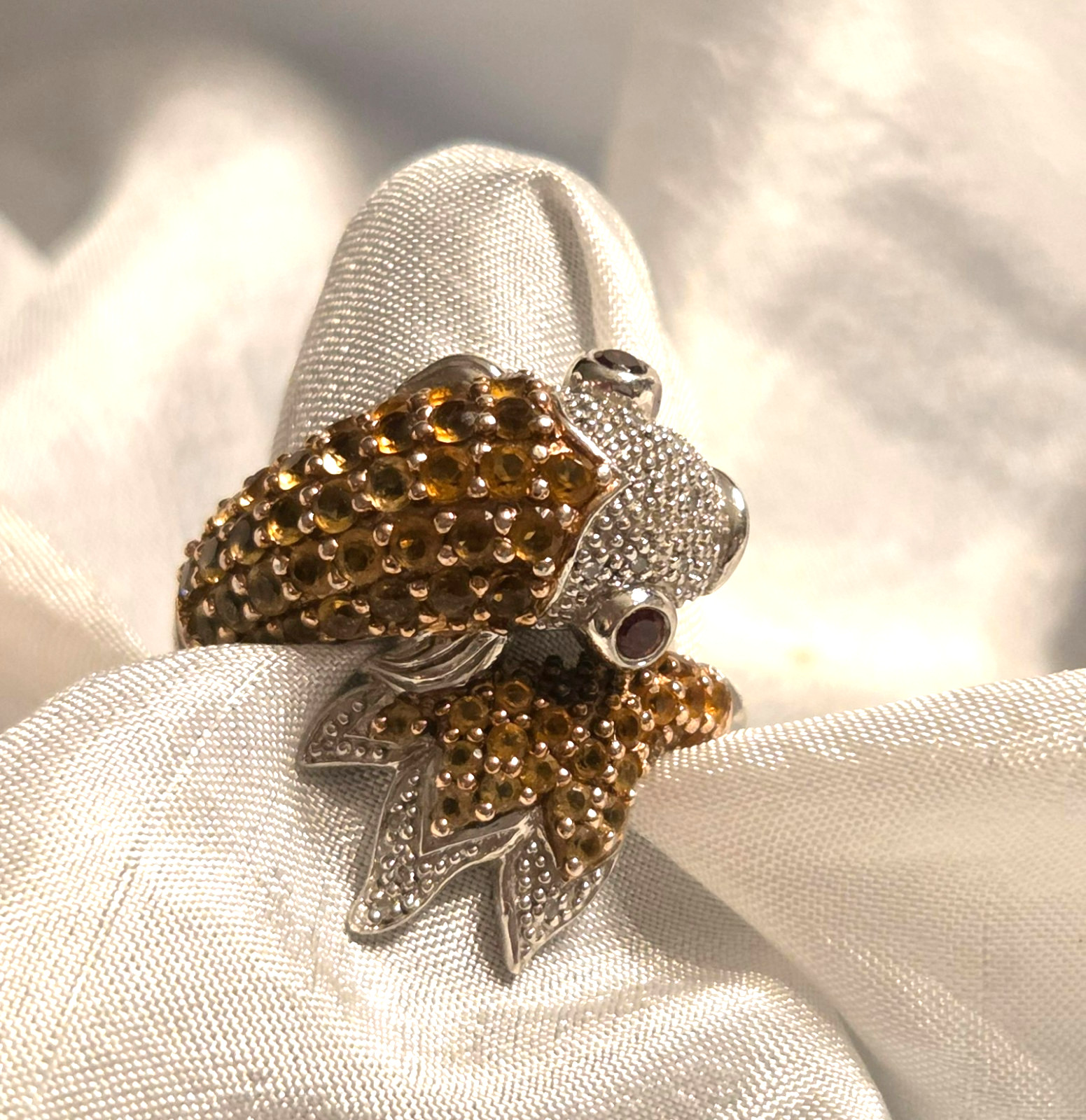 Ross Simons Sterling Silver Citrine Koi Ring with Diamonds & Garnets