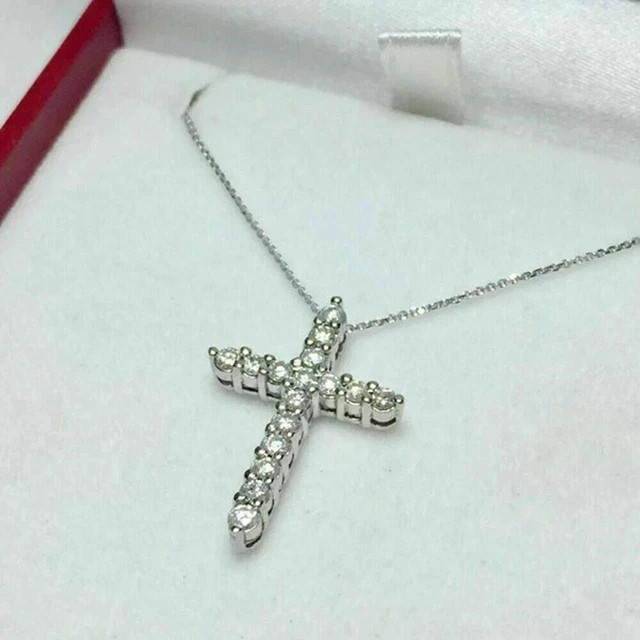 1Ct Round Lab-Created Diamond Wedding Women’ Cross Pendant 14K White Gold Plated