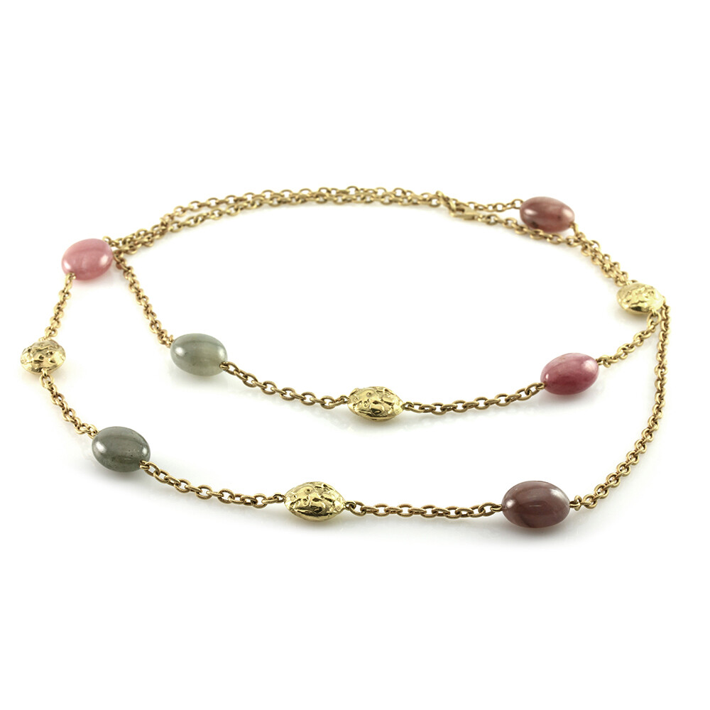 Signed Designer Yvel Sapphire & Textured Gold Bead Necklace in 18KY Gold