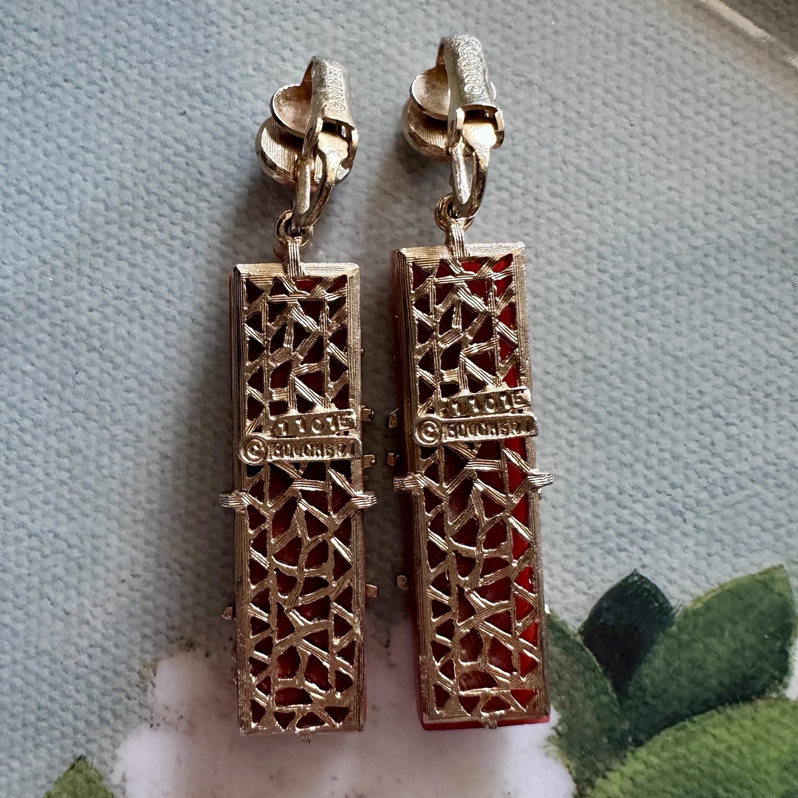 Rare Signed Boucher Seahorse Clip Earrings Red Glass Gold Tone Nautical VTG
