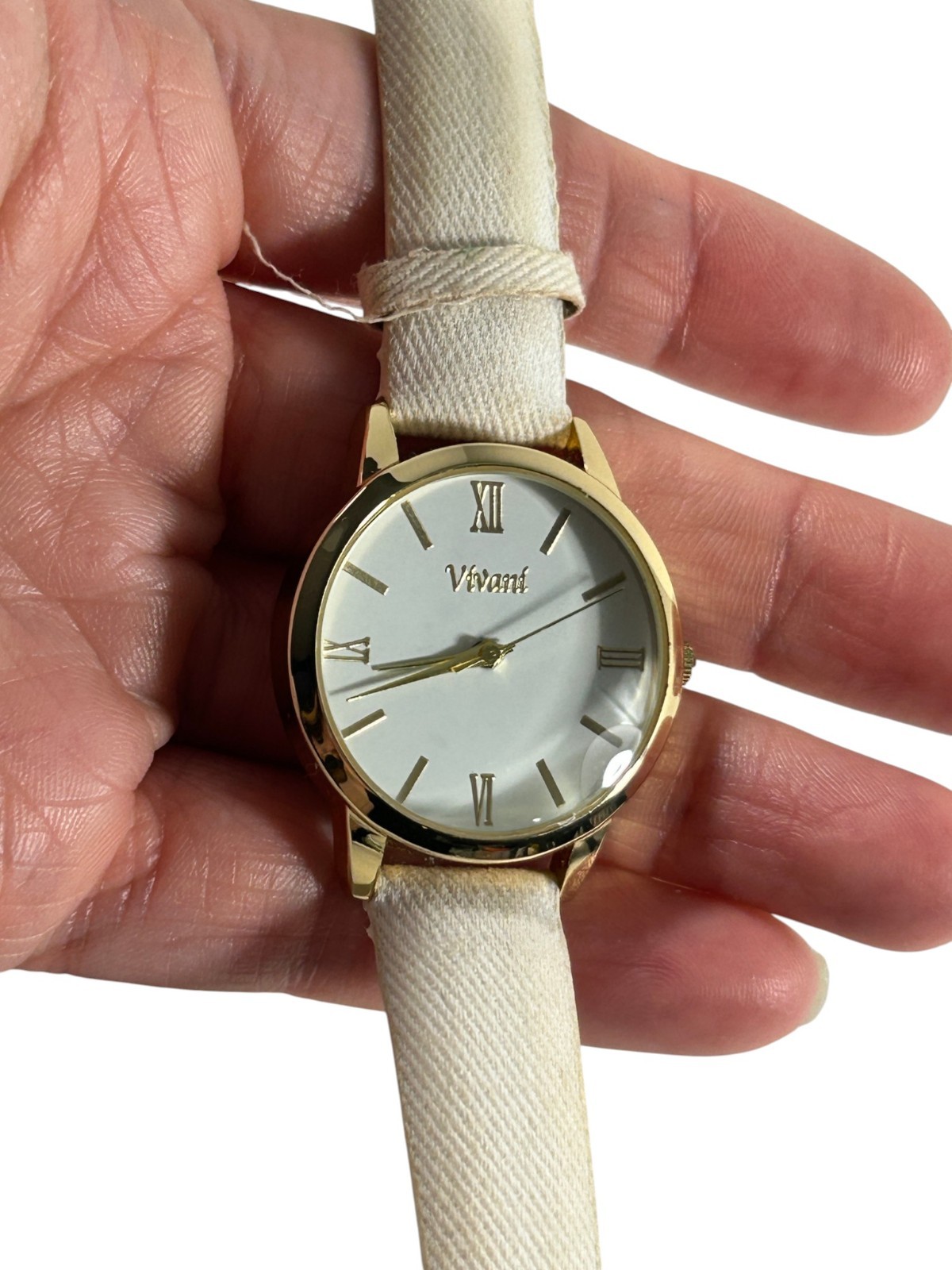 Vivani Faux Leather Cream Fabric Band Womens Wrist Watch White Face Stainless