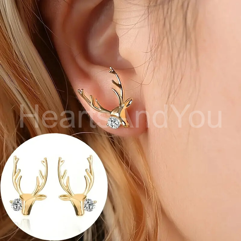 1ct Round Cut Moissanite Stag Reindeer Stud Earrings 14K Yellow Gold Plated