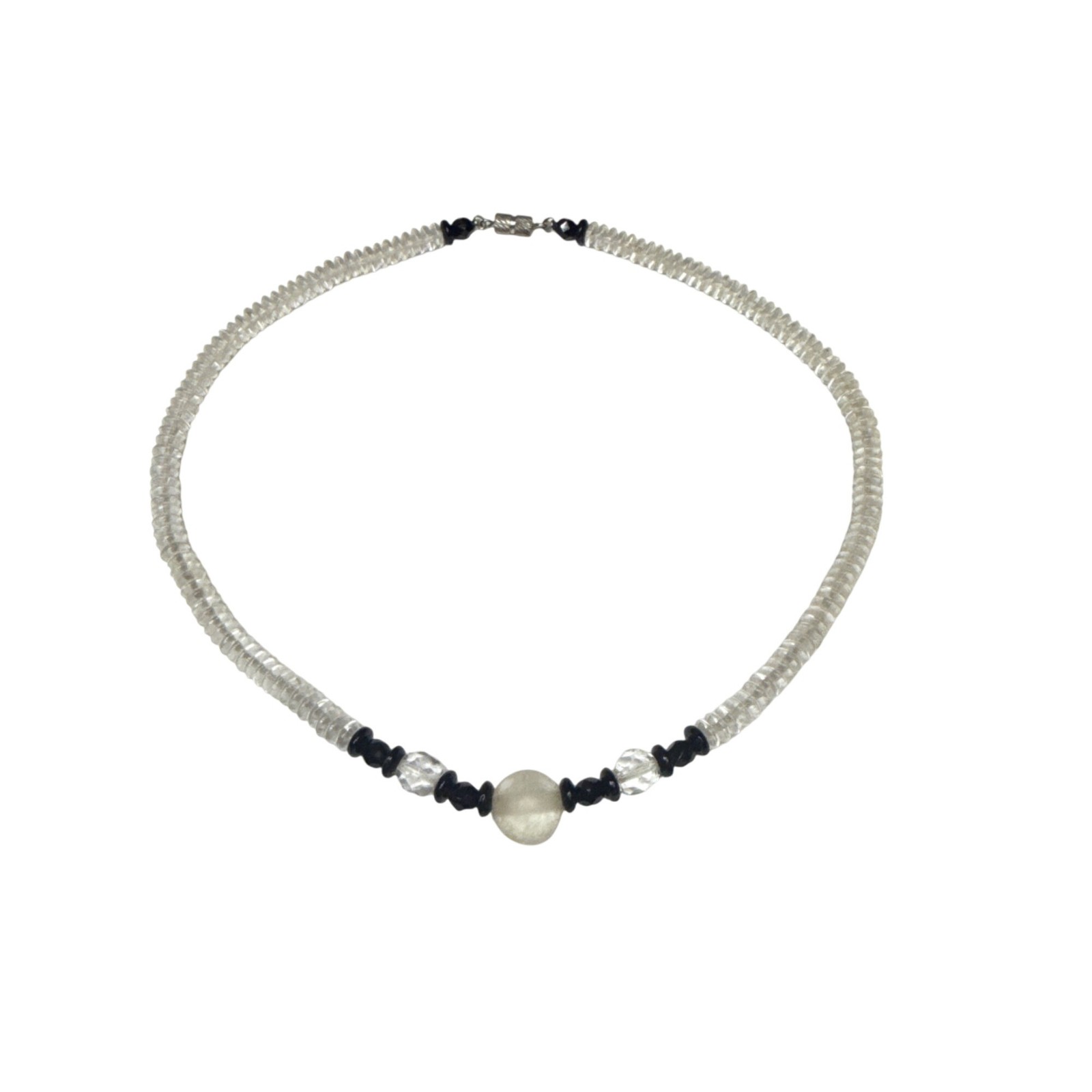Handmade Beaded Necklace Clear Black Glass Beads White Center Stone Jewelry