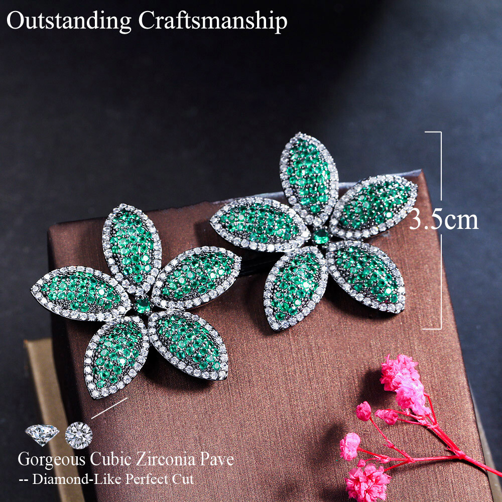Black Gold Plated Blue Cubic Zirconia Flower Stud Earrings 925 Silver CZ Jewelry