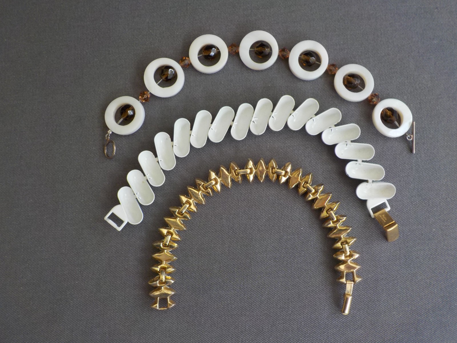 White Bracelet Mix Lot 3 Enamel Plastic Mother of Pearl Glass Bead Metal