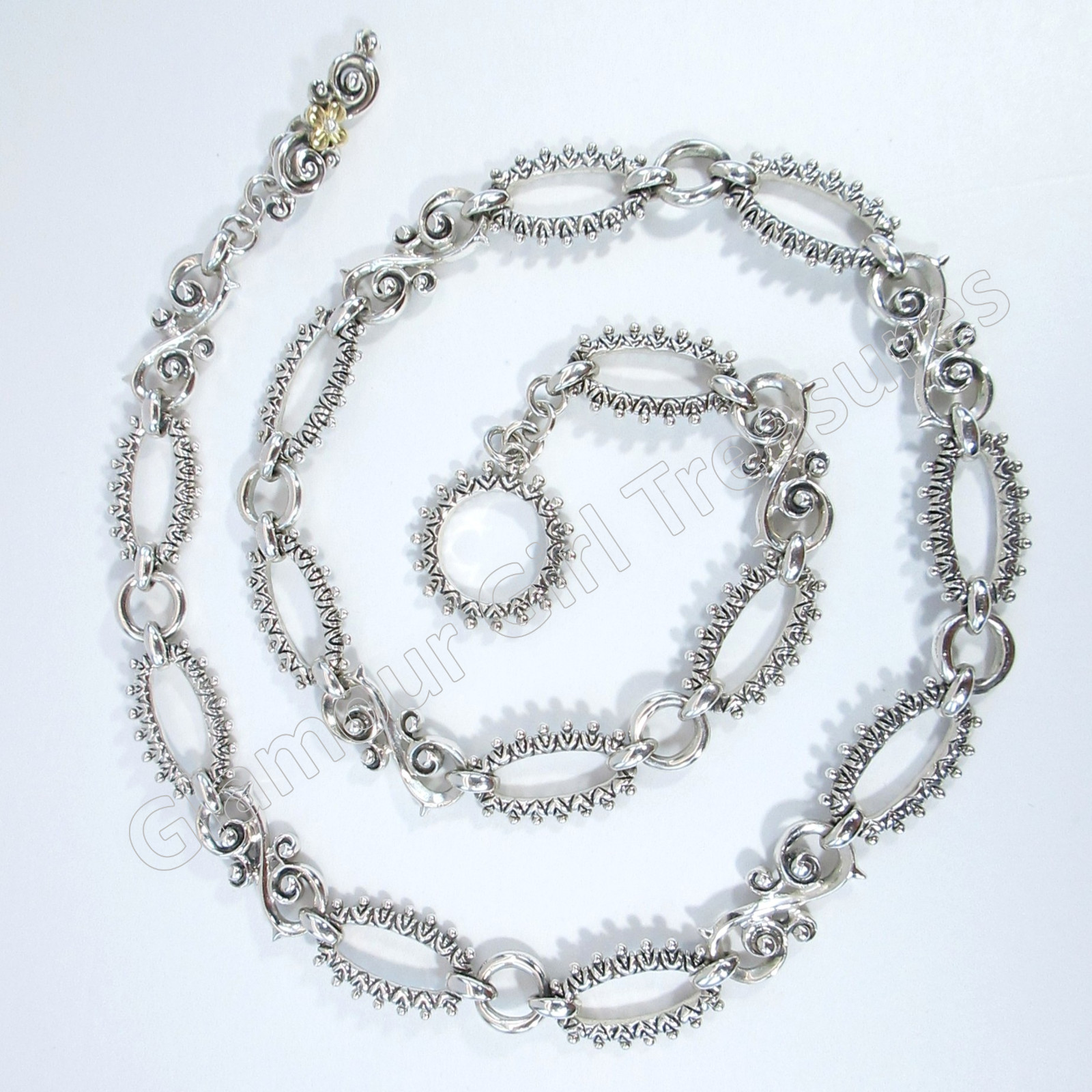 Barbara Bixby Sterling & 18K Gold Flower Scroll & Oval Link 20″ Toggle Necklace