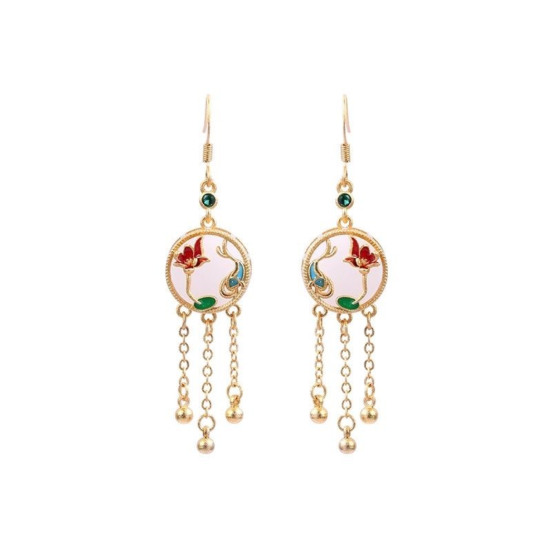Traditional Gold-Plated Enamel Peace Lock Earrings with Tassels Chinese Style-