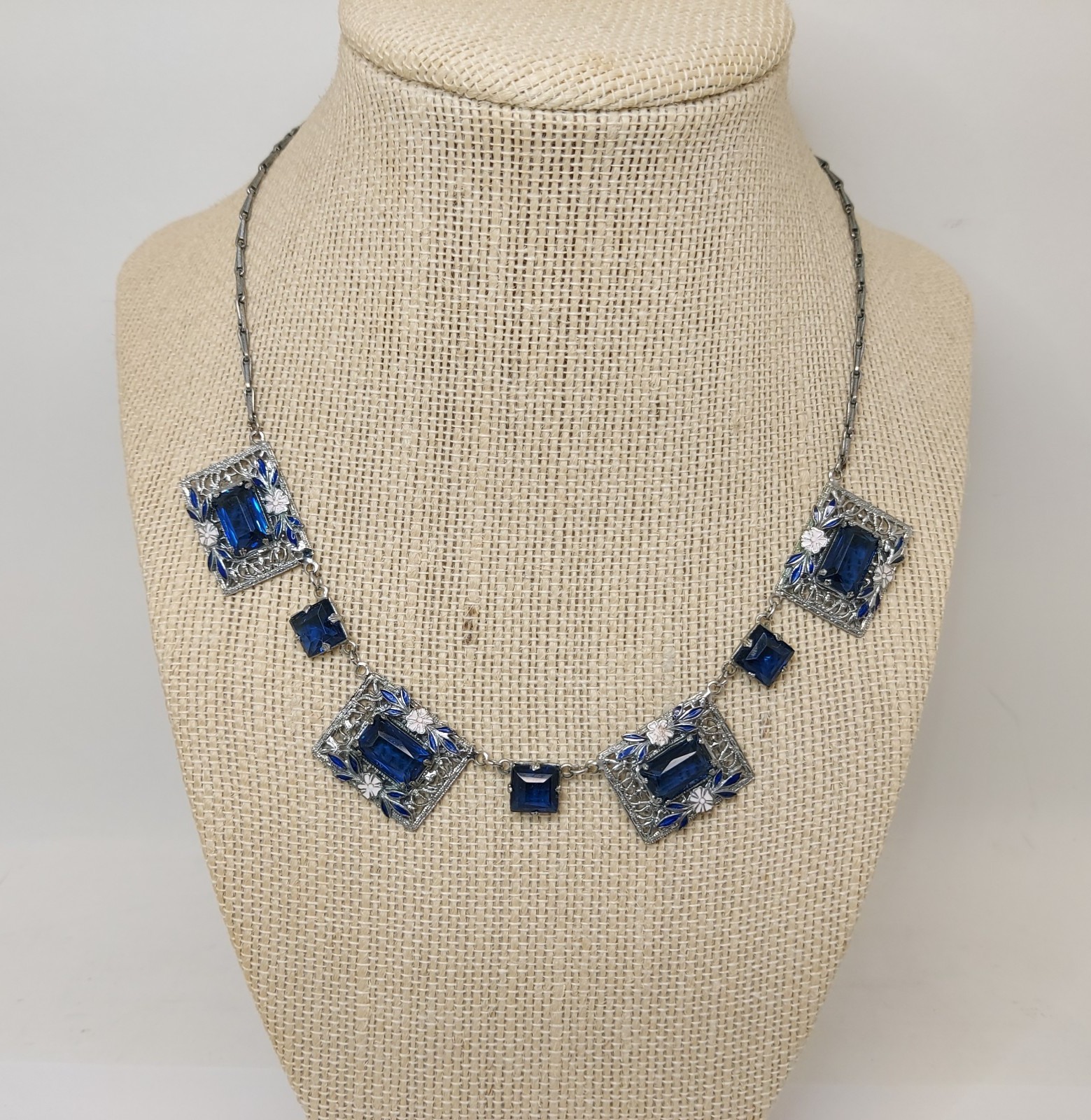 1920s Art Deco Czech Deep Blue Glass Enamel Flower Floral Filigree Necklace