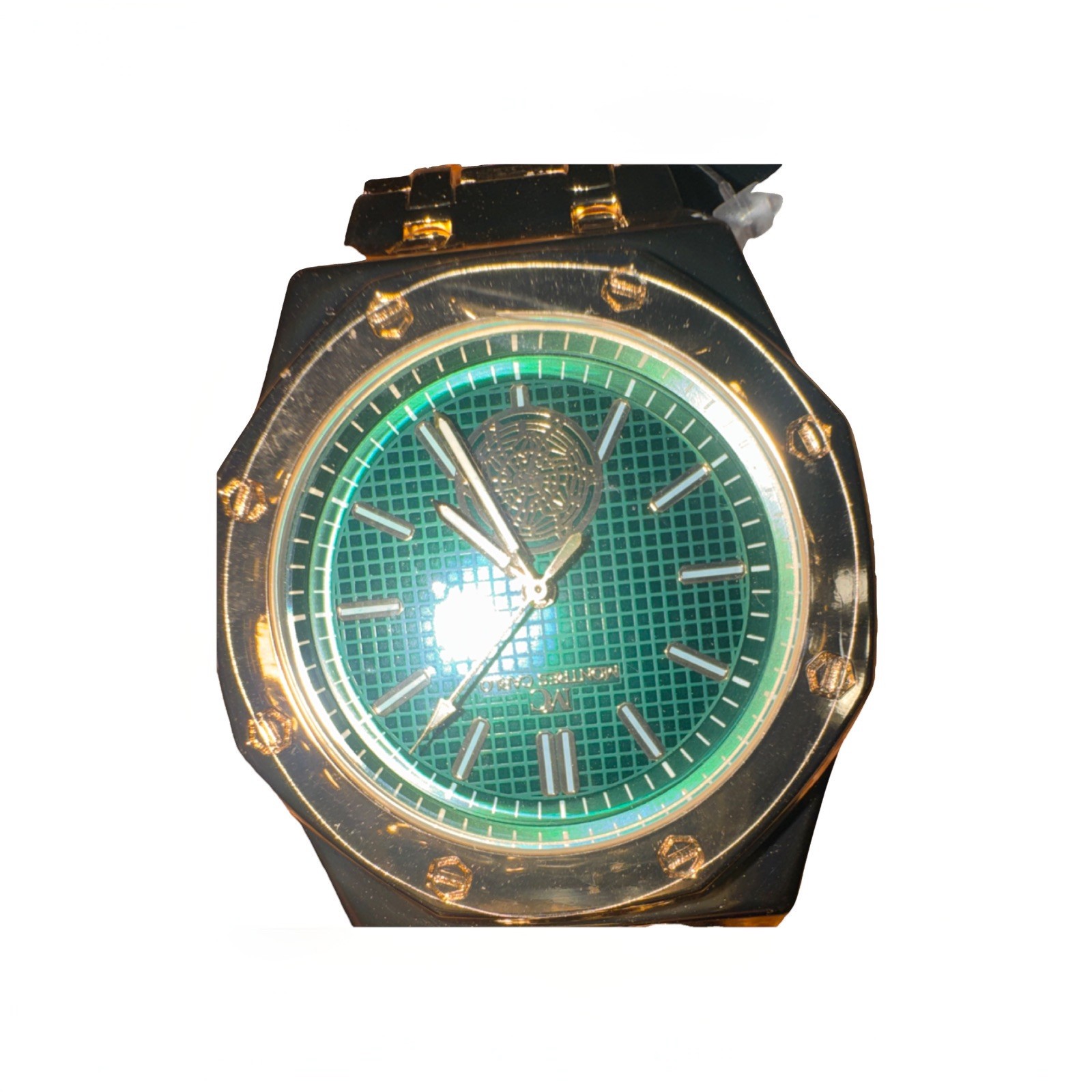 Montres Carlo Men’s Analog Wristwatch Green Dial Gold Octagon Case Metal Band